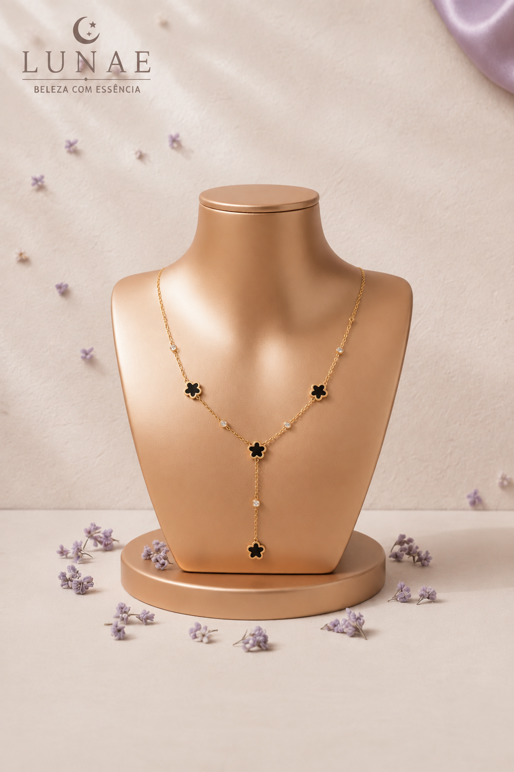 Lunae Colar Flores Franjas Cristais – Aço Inoxidável Resistente à Água