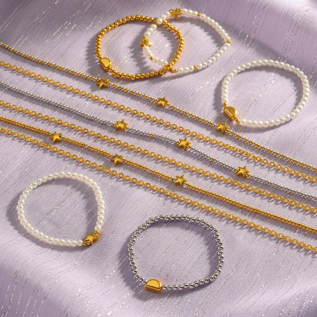 Lunae Coleção Estrela e Pérola – Colar e Pulseira em Aço Inoxidável