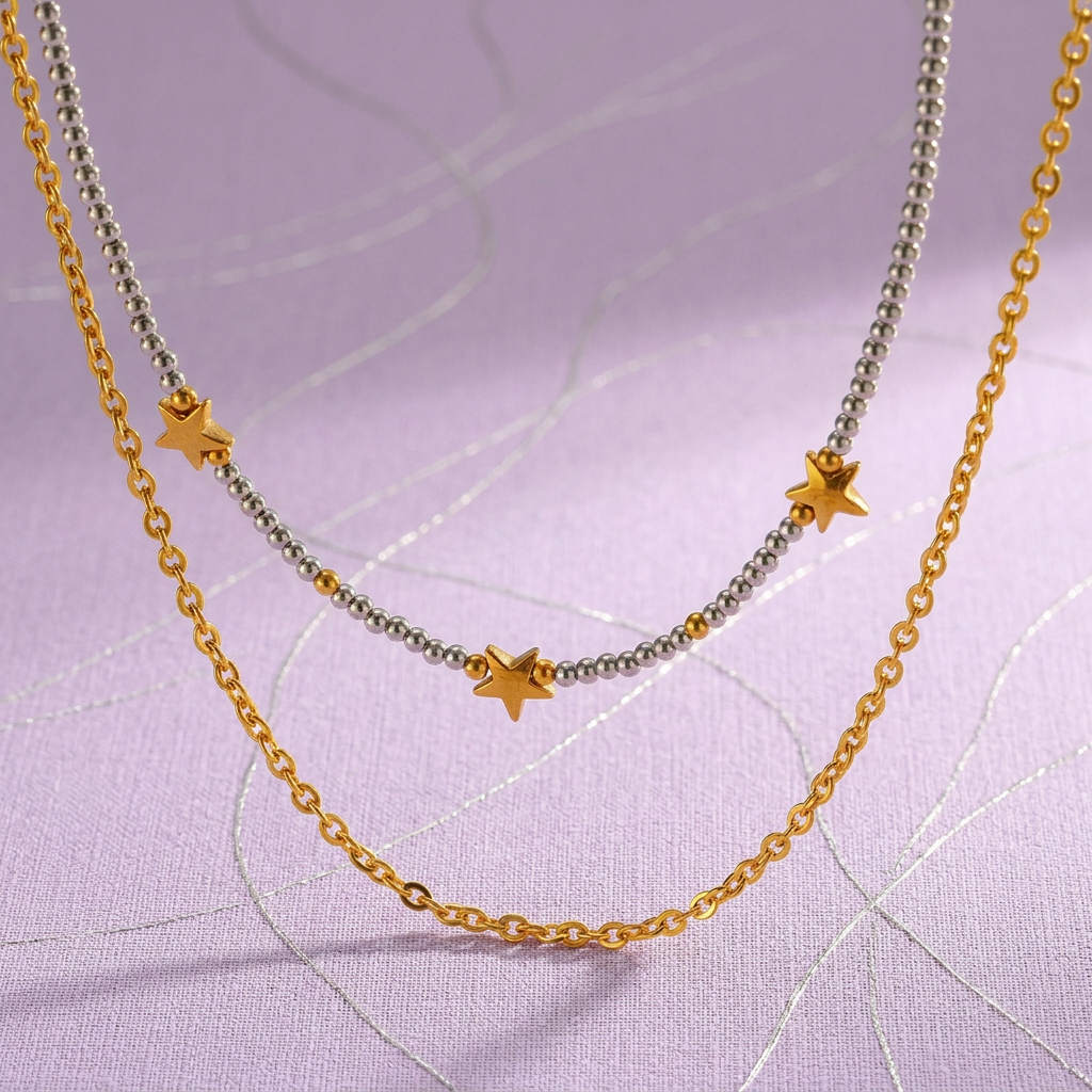 Lunae Coleção Estrela e Pérola – Colar e Pulseira em Aço Inoxidável