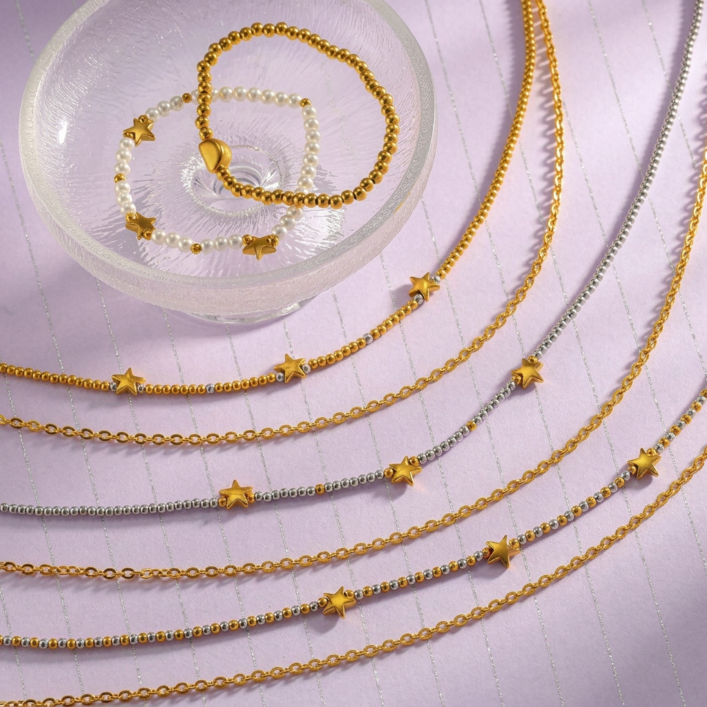 Lunae Coleção Estrela e Pérola – Colar e Pulseira em Aço Inoxidável